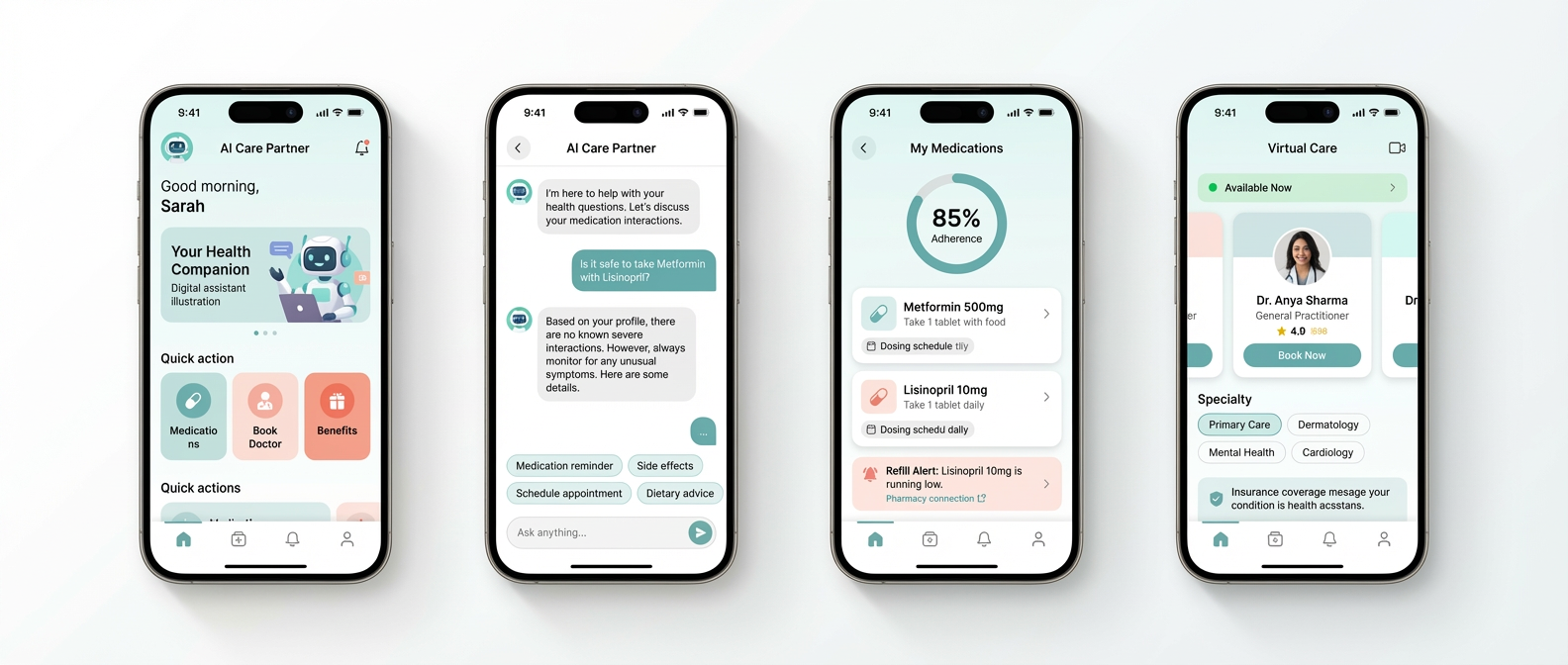 Medication Reminder Agent App Screens - Home, AI Chat, Medication Management, and Virtual Care